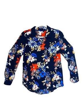 intro. Navy Orange Blue Yellow Floral Long Sleeve Button Up Blouse